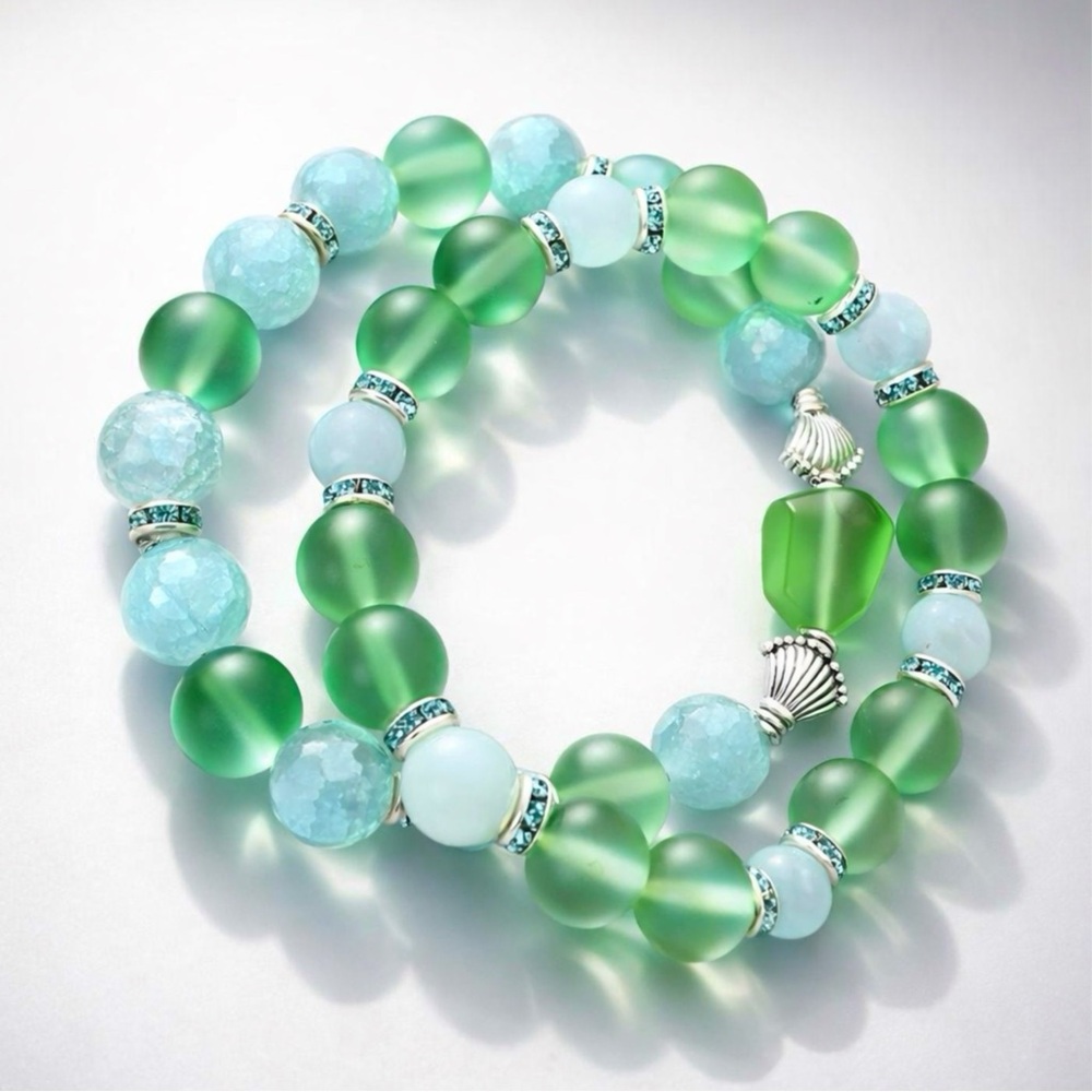 Wave’s Caress Signature Series Blue Crackle Agate and Green Glass Bracelets